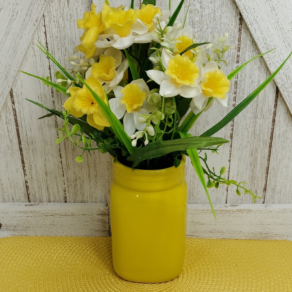 Mason Jar Yellow Vase Utensil Holder Summer Kitchen Home Decor Faux Flowers Vase